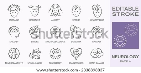 Neurology icons, such as brain tumors, dementia, multiple sclerosis, epilepsy and more. Editable stroke. Royalty-Free Stock Photo #2338898837