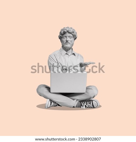 Contemporary art collage of a man headed by a statue head with a laptop. Concept of business, finance, economy, professionalism and success. Copy space.
 Royalty-Free Stock Photo #2338902807