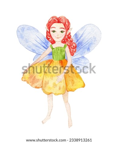 Ginger hair forest fairy. Watercolor illustration isolated on white background for nursery poster, birthday or baby shower invitations. 