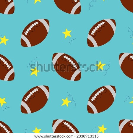 Vector seamless pattern with rugby balls and stars in cartoon style. American football pattern