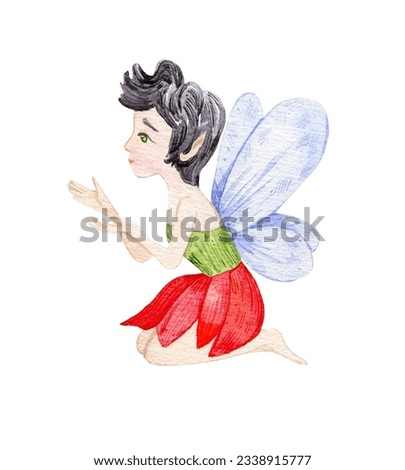 Black hair forest fairy. Watercolor illustration isolated on white background for nursery poster, birthday or baby shower invitations. 