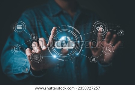 Business person migrate data and corporate information into cloud technology for data security and back up as disaster recovery site and prevent for cyber crime. Data inventory for enterprise. Royalty-Free Stock Photo #2338927257