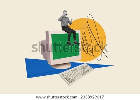 Magazine retro collage illustration of old businessman working browsing smartphone website computer display isolated on comics background