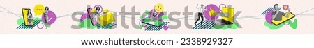 Photo cartoon comics sketch collage picture of diversity people getting positive feedback modern devices isolated creative background