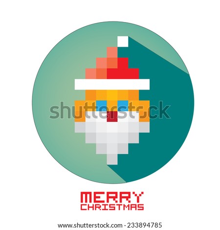 Merry Christmas pixel art style santa claus hipster poster for party or greeting card on azure background. Vector illustration