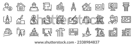 Set of outline icons related to building, architecture, house, design. Linear icon collection. Editable stroke. Vector illustration Royalty-Free Stock Photo #2338984837