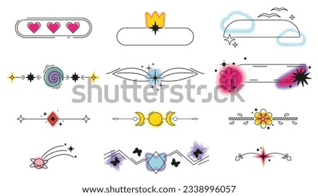 aesthetic y2k dividers elements set. Arches and circles with aura effect includong heart, butterfly, star symbols. Stock vector illustration in simple 2000s style isolated on white background