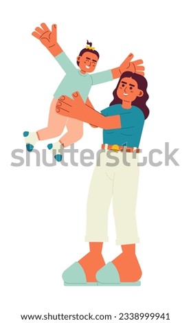 Happy baby and mom flat vector spot illustration. Single mom with child 2D cartoon characters on white for web UI design. Arab mother tossing toddler in air isolated editable creative hero image