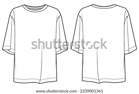 Women's Oversize Crew neck T Shirt flat sketch fashion illustration drawing template mock up with front and back view. Boyfriend t shirt cad drawing Royalty-Free Stock Photo #2339001361