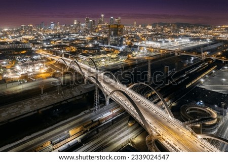 Aerial views of Los Angeles and Sixth Street Viaduct  Royalty-Free Stock Photo #2339024547