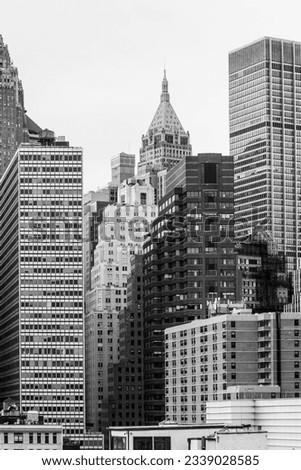 New York USA black and white photo of streets and roofs of Manhattan on a cloud day.
