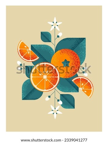Ripe oranges with leaves and flowers. Illustration with grain and noise texture.  Royalty-Free Stock Photo #2339041277