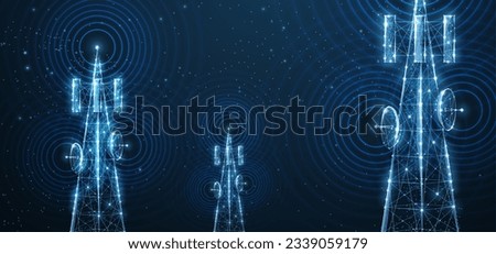 Abstract antenna mast on blue. 5G technology, telecommunication industry, telecom network, broadcast television, cell phone, 5G telecommunication, city communication, LTE transmitter concept. Royalty-Free Stock Photo #2339059179