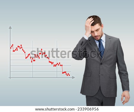 business, bankruptcy, people and stress concept - unhappy businessman over gray background and forex graph going down Royalty-Free Stock Photo #233906956