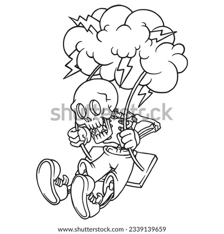 coloring illustration of skeleton on swing and storm cloud