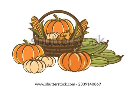 Garden vegetables, basket with pumpkins, corn cobs and zucchini, Thanksgiving card, clip art style drawing.