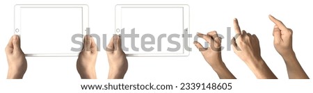 Hand holding of horizontal view digital ipad tablet with set of fingers pointing on white background cutout file. Mockup template for artwork design. perspective positions, upright frontal