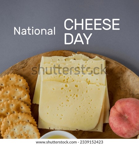 Composite of national cheese day text with various cheese arranged on board, copy space. food and dairy product concept.
