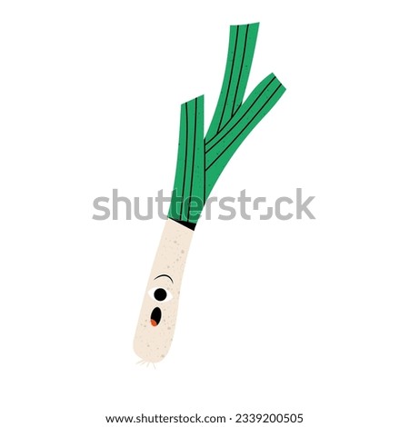 Cute green onion character. Cartoon character illustration icon. Frightened leek sticker for kids. Flat vector illustration isolated on white background.