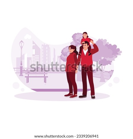 Portrait of the loving family holding a little daughter, smiling, and having fun together. Trend Modern vector flat illustration