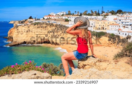 Woman tourist in Portugal- beautiful beach and village, Albufeira, Faro distric- Algarve Royalty-Free Stock Photo #2339216907
