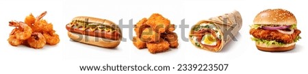 Fast food collection on white background. fried prawns, hot dog, chicken nuggets, breakfast wrap, fried chicken burger. isolated on white background. Closeup of verities of different fast foods.  Royalty-Free Stock Photo #2339223507