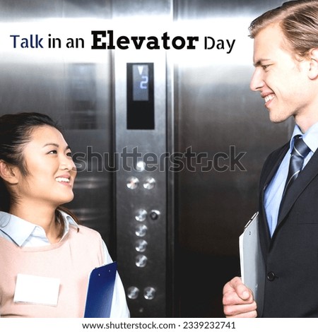Talk in an elevator day text with smiling multiracial colleagues talking in elevator, copy space. illustration, communication, convenience, celebration, business, occupation.