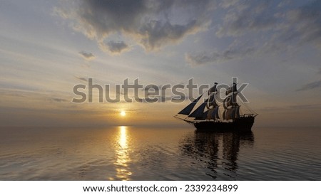 Sailing ship goes to the open sea in the evening. The sun shines over a sailing ship in the ocean bay. Boat trip through beautiful seascapes. 3D visualization Royalty-Free Stock Photo #2339234899