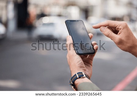 Phone, mockup and hands of man in a street with connection, contact and location. Smartphone, screen and male online for navigation app, directions and guide with network, road or website information