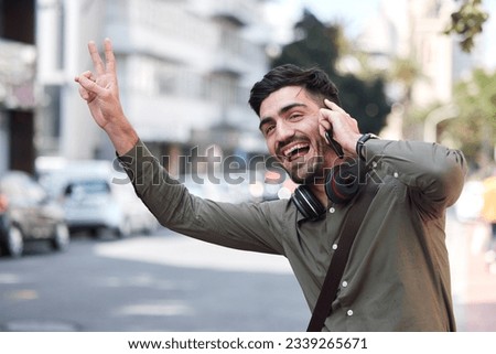 Man, phone call and wave for taxi, city and smile for peace sign language, emoji or funny face on sidewalk. Young entrepreneur, smartphone and street to stop bus, transportation and driver for travel