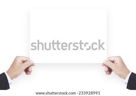 Business man hands holding a white A4 international paper over white background.