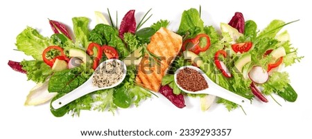 Grilled Salmon Fillet with fresh Salad - Lettuce Panorama isolated on white Background Panorama Royalty-Free Stock Photo #2339293357
