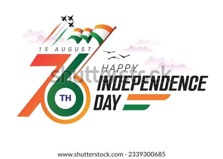 76th Seventy six Indian independence day logo with Indian flag and fighter plane Royalty-Free Stock Photo #2339300685