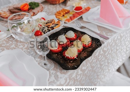 Cossack table in the best restaurants. Festive table at the wedding. National Ukrainian cuisine. Fat, sausages, alcohol. Catering.