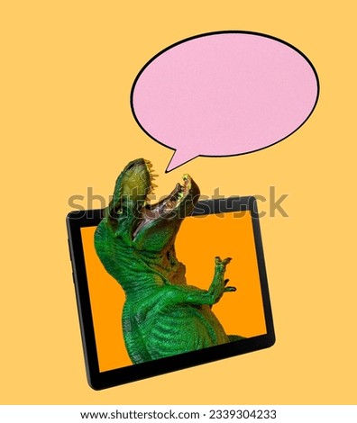 Funny funky poster with dinosaur climbs out of the smartphone screen with pink bubble banner on yellow background. 