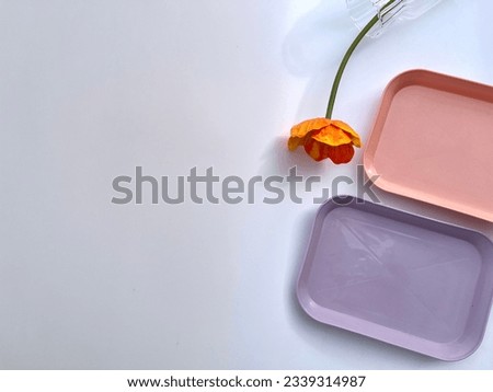 Pastel background with orange flower and pink violet plate