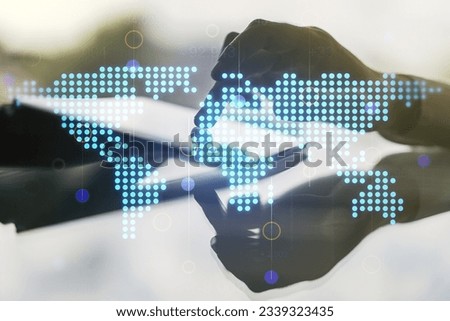 Multi exposure of abstract creative digital world map and finger presses on a digital tablet on background, research and analytics concept