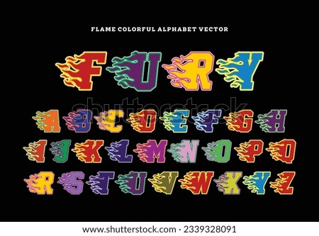 Modern varsity flame alphabet letter, vivid multicolor funky font or typography. Vector bold font for graphic varsity jacket, poster, book cover, product packaging, flyer, etc. Royalty-Free Stock Photo #2339328091