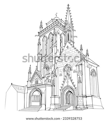 Illustration of an old stone cathedral in a medieval French town. Fairyland kingdom. Black and white page for kids coloring book. Printable worksheet for drawing and meditation. Ancient architecture. Royalty-Free Stock Photo #2339328753