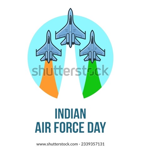 Indian Air Force Day celebration design. Three fighter jets with trails in Indian flag colors. Flat line icon, vector illustration.