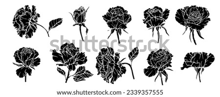 Set of silhouettes of flowers and rosebuds. Vector graphics.