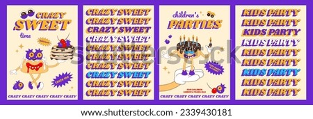 Trendy psychedelic posters with funny sweets characters. Cheerful pancake cake mascot, berries with eyes and holiday candles. Children's party. Poster design for coffee shop, bakery, menu. Vector. Royalty-Free Stock Photo #2339430181