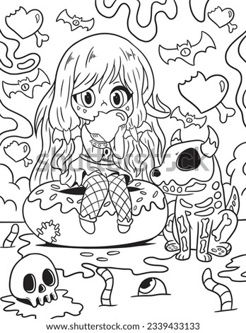 Halloween Adult Coloring Page. Horror Spooky Coloring Page. Line Art Vector. Cute Coloring Page for Kids and Adults.