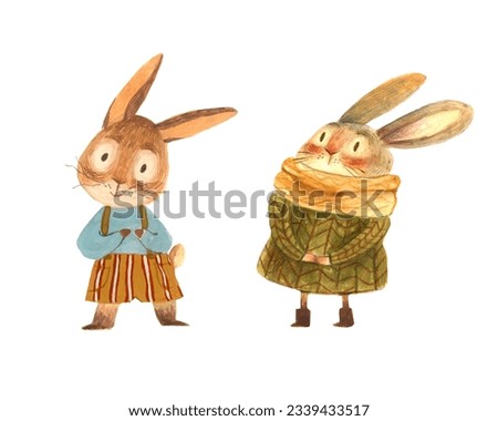 rabbit in clothes, rabbit in a scarf, gouache cartoon illustration, a cute rabbit, bunny in clothes, bunny in a scarf, collects autumn animals, cozy autumn