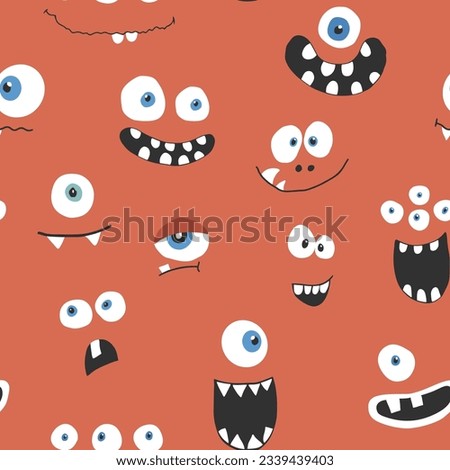 Cute monster faces seamless pattern. Cartoon monsters background. Vector illustration. Royalty-Free Stock Photo #2339439403