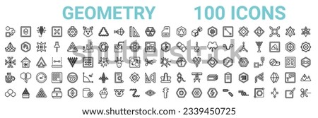 outline set of 100 geometry line icons. linear vector icons such as layer,polygonal boat of small triangles,line segment,polygonal windmill,explode,polygonal coffee cup,clip,construction. vector