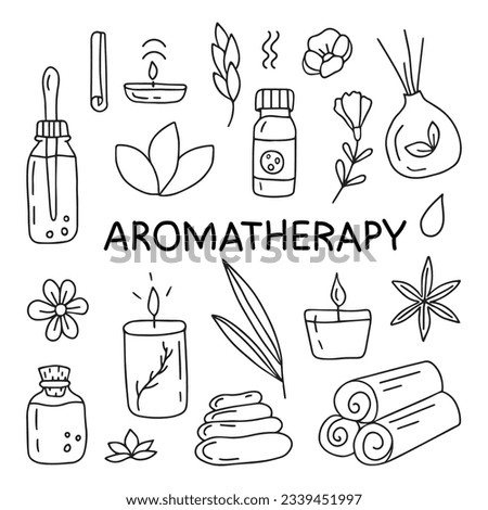 Vector set of aromatherapy illustrations.Hand drawn, doodle.Isolated on white background