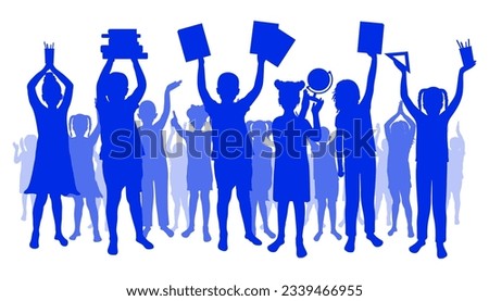 Back to school. Happy school children or first graders with books, globe, etc. (school supplies) on background of cheerful crowd of children. Silhouette. Vector illustration.