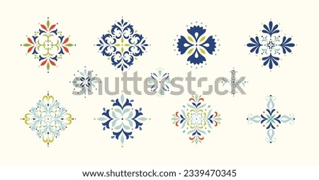 Oriental floral ornament. Damask graphic elements. Imperial rococo decor. For seamless patterns, wrapping paper, greeting and business cards, wedding invitations, textile, t-shirt prints etc. Royalty-Free Stock Photo #2339470345
