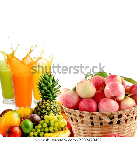 Fresh fruits and juices. Fresh juice of different fruits isolated on white background. Guava,  Orange and Mango juice. Stock of fruits isolated on white background. Fruits background. Organic food.